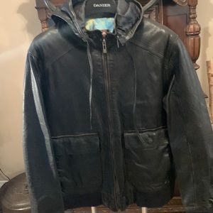 Men’s Danier, black leather jacket with detachable hood, labeled XL